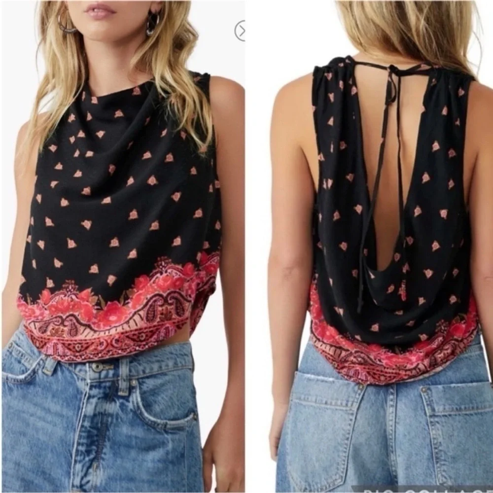 NWOT FREE PEOPLE Silas Printed Cowlneck Top / Black Combo
